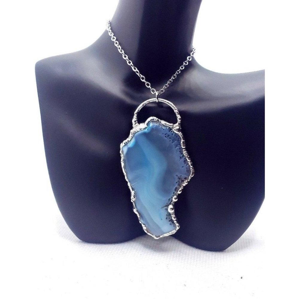 Blue agate crystal necklace handmade gothic metalwork fantasy jewelry beach gems